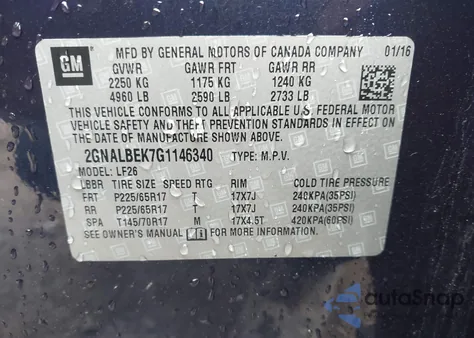 2016 Chevrolet Equinox Ls из США, поврежденный, VIN 2GNALBEK7G1146340